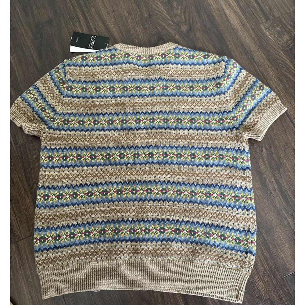 Lauren Ralph Lauren Women's Petite Fair Isle Short Sleeve Sweater Top Tan P/M - Picture 9 of 10